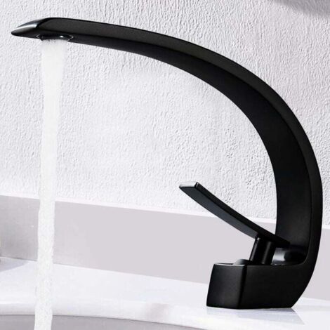 Robinet de salle de bain, mitigeur de lavabo noir, robinet de lavabo monocommande incurvé, robinet monotrou moderne et minimaliste, valve en céramique, eau chaude et froide réglables