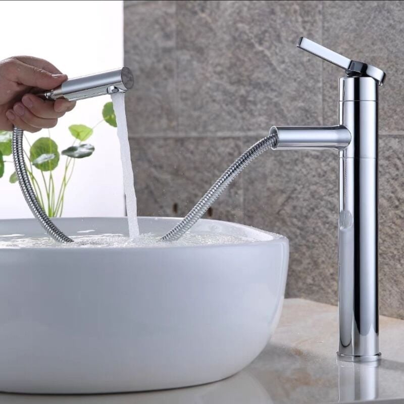 Serbia - Robinet de salle de bain, mitigeur de lavabo pivotant à 360 °, bec haut, extensible, adapté au lavabo, mitigeur de lavabo en laiton chromé