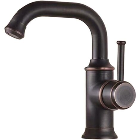 Robinet de salle de bain monotrou à montage sur plage, poignée unique, bec pivotant, pour lavabo, robinet d'eau chaude et à eau froide (noir, court)