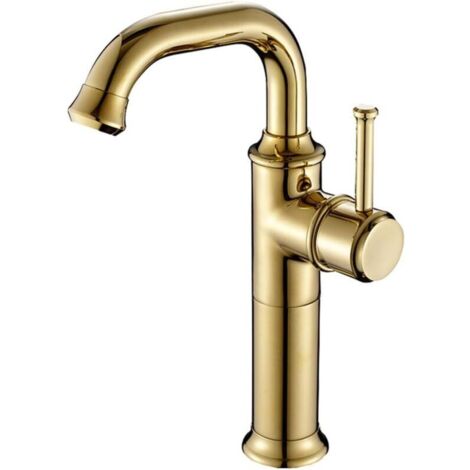 Robinet de salle de bain monotrou à montage sur plage, poignée unique, bec pivotant, pour lavabo, robinet d'eau chaude et à eau froide (or, haut)