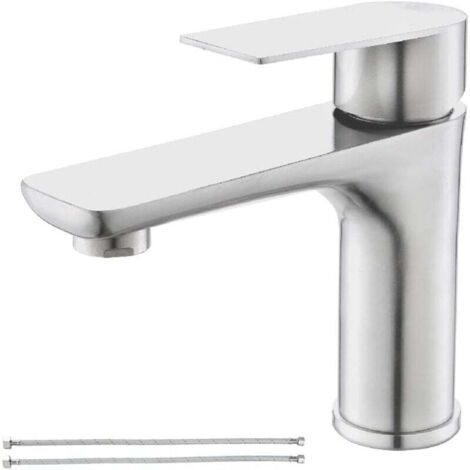 Robinet de salle de bain monotrou, acier inoxydable nickel brossé, robinet d'évier avec conduite d'alimentation