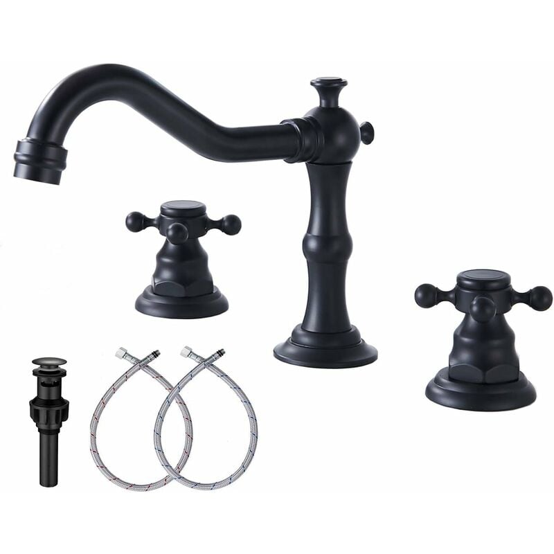 Sunxury - Robinet de salle de bain noir GGStudy Faucets Lavabo de salle de bain 2 poignées 3 trous Robinet de salle de bain largement répandu de 8