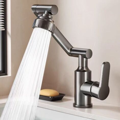 Robinet de salle de bain pivotant à 1080° en acier inoxydable, eau chaude et froide grise, sans tuyau d'arrivée d'eau, deux modes de débit.