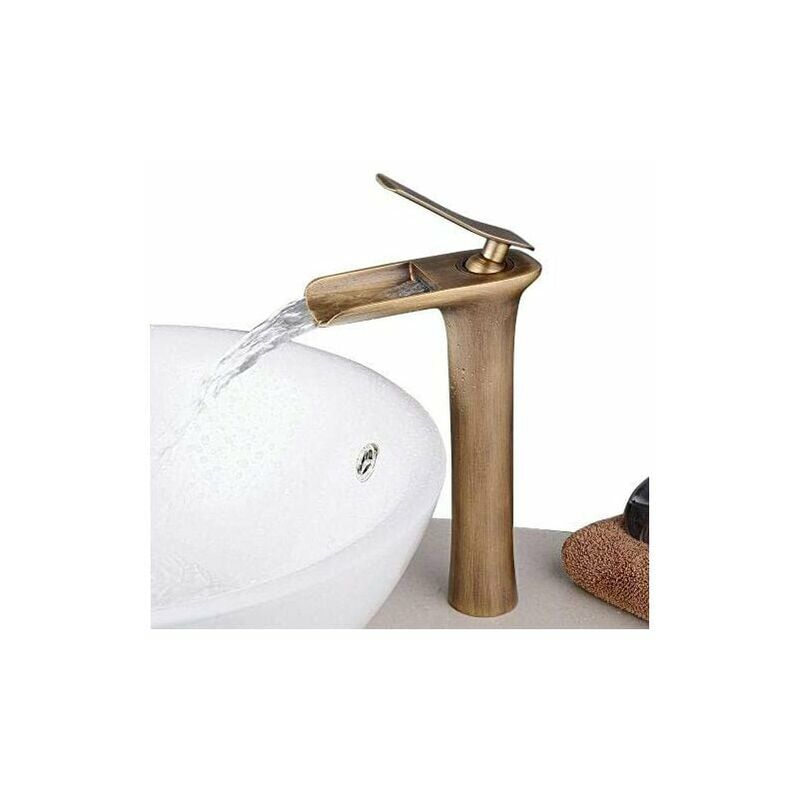 Robinet de salle de bain, robinet cascade avec robinet de bassin réglable chaud et froid pour lavabo et évier de salle de bain, laiton antique