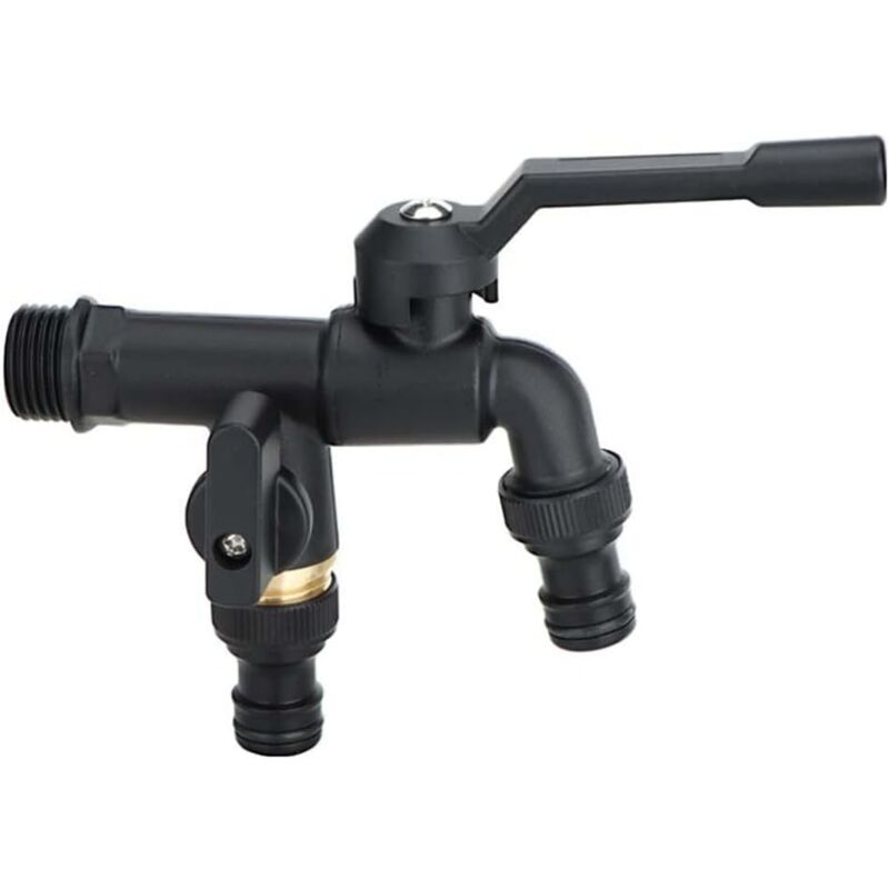 Lntyq - Robinet de tuyau d'arrosage, robinet en laiton noir, double sortie pour jardin, cour (double tête)
