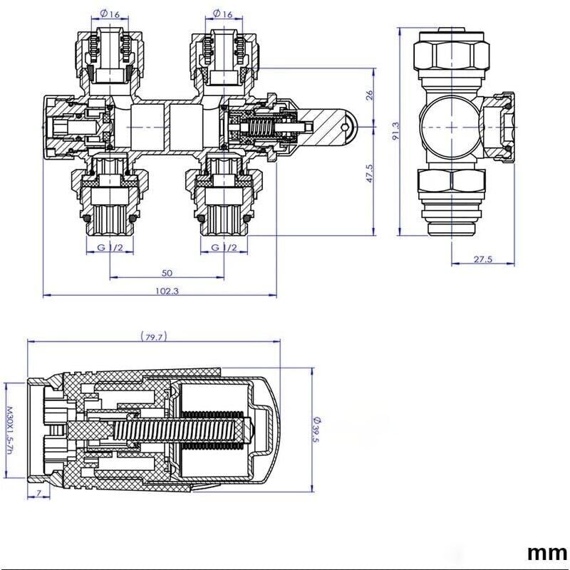 Robinet de vidange radiateur,Set pour raccord de radiateur avec thermostat 50mm accessoires de chauffage forme d'angle et de passage anthracite