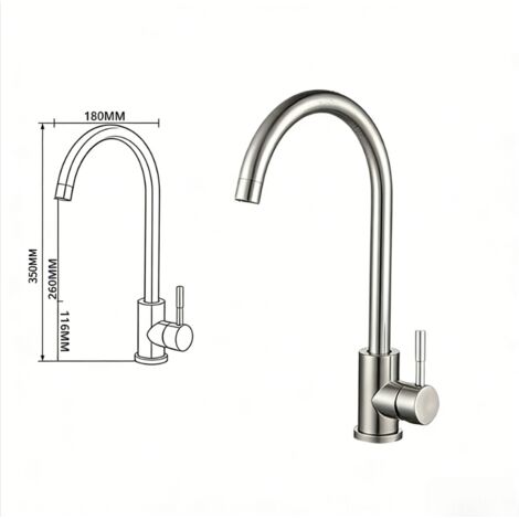 Robinet d'eau chaude et froide pour évier de cuisine avec mitigeur en T plat en acier inoxydable (finition brossée, grand coude) Complet avec tuyau d'arrivée de 60 cm