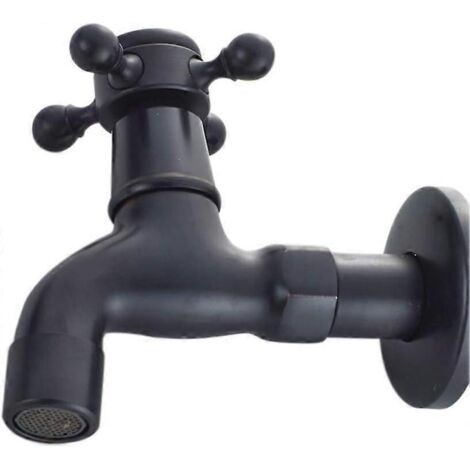 Robinet d'eau froide vintage avec poignée en croix, interface G1/2 - Robinet mural pour lavabo de salle de bain (noir)