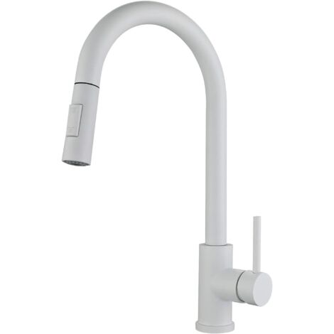 Robinet d'évier blanc avec douchette extractible, mitigeur à double jet et bec haut, tuyau d'arrivée d'eau de 1/2", installation sur comptoir, robinet moderne pour cuisine et salle de bain