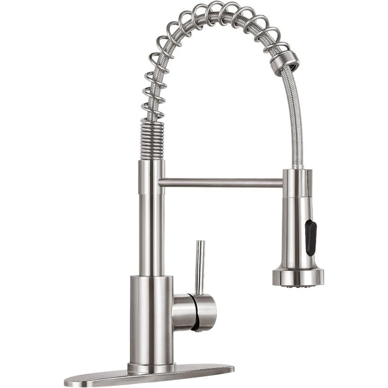 Robinet d'évier de cuisine à poignée unique, à ressort, avec douchette extractible, argent brossé