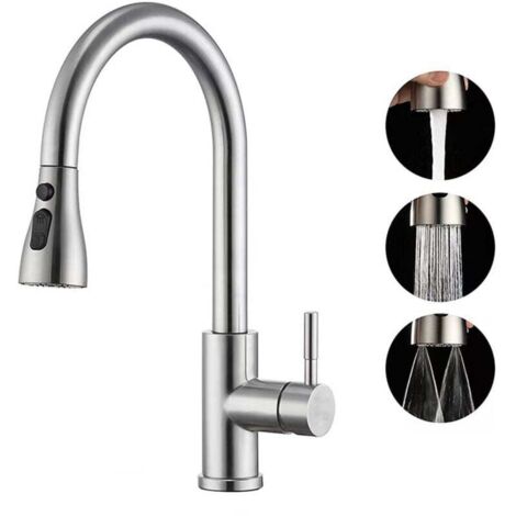 Robinet d'évier de cuisine avec douchette extractible, arc élevé, poignée unique, acier inoxydable nickel brossé, avec plaque de pont pour bar, buanderie, camping-car, évier utilitaire