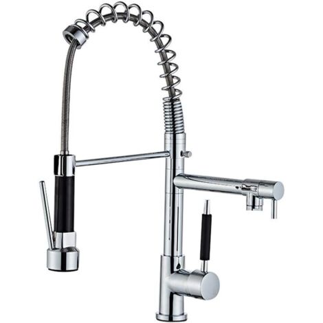 Robinet d'évier de cuisine avec douchette extractible , mitigeur , robinet de vanité , robinet d'évier de cuisine en laiton à double poignée monté sur comptoir , finition chromée
