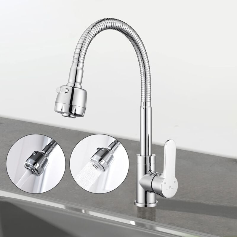 Alovez - Robinet d'évier de cuisine chromé rotatif à 360° avec tuyau à ressort, eau chaude et froide à levier unique