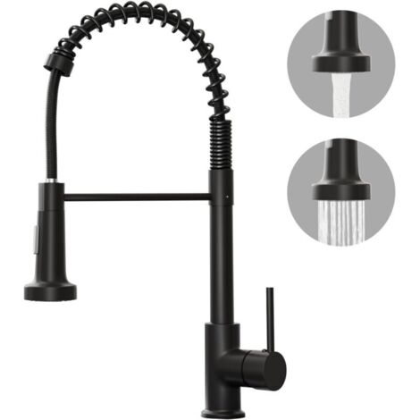 Robinet d'évier de cuisine noir mat - mitigeur d'évier de cuisine à 2 fonctions avec douchette extractible - Robinet à ressort rotatif à 360°