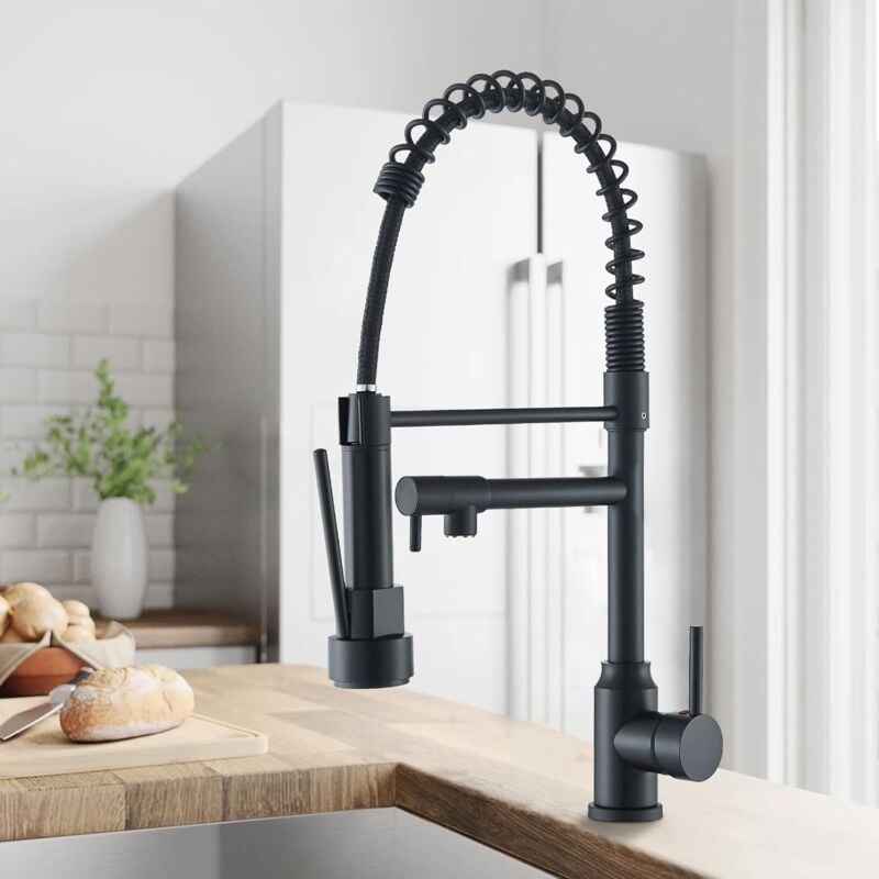 Suguword - Robinet d'évier de Cuisine, Robinet de cuisine noir rotatif à 360 degrés, double bec de pulvérisation, robinets de cuisine à ressort,