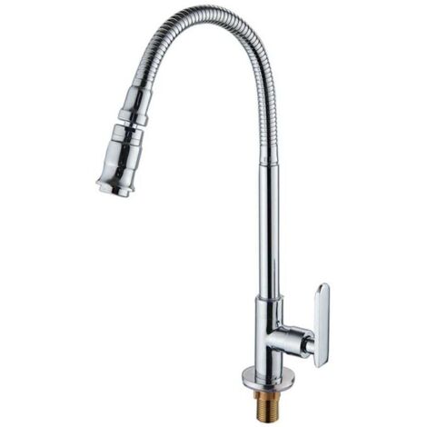 Robinet d'évier de cuisine rotatif à 360 degrés, bar de salle de bain, jardin extérieur, robinet de blanchisserie à col doux d'eau froide unique en cuivre, argent-