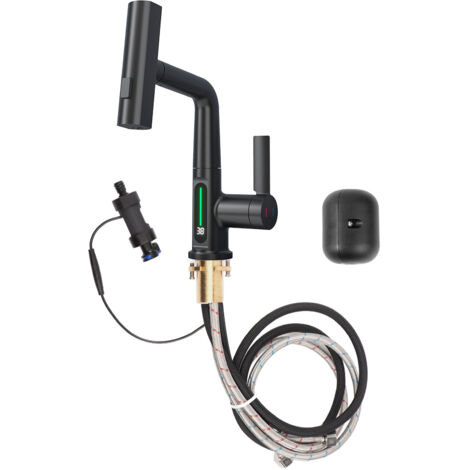 Robinet d'évier de Toilette 5 Modes de Débit d'eau, Robinet de Salle de Bains, Affichage de la Température LED, Interface Universelle en Cuivre G1/2 pour le Linge (BLACK)