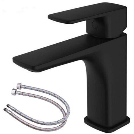 Robinet d'évier noir avec protection anti-éclaboussures et flexible d'arrivée d'eau de 60 cm.
