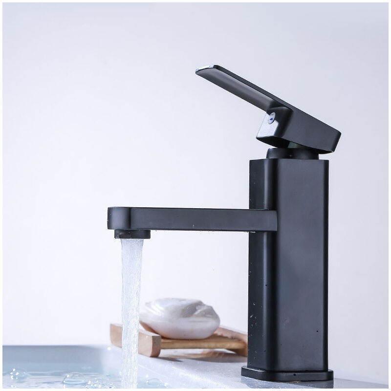 Ugreat - Robinet d'évier noir, robinet de salle de bain avec 2 tuyaux, mitigeur chaud-froid carré en acier, pour jardin cuisine salle de bain