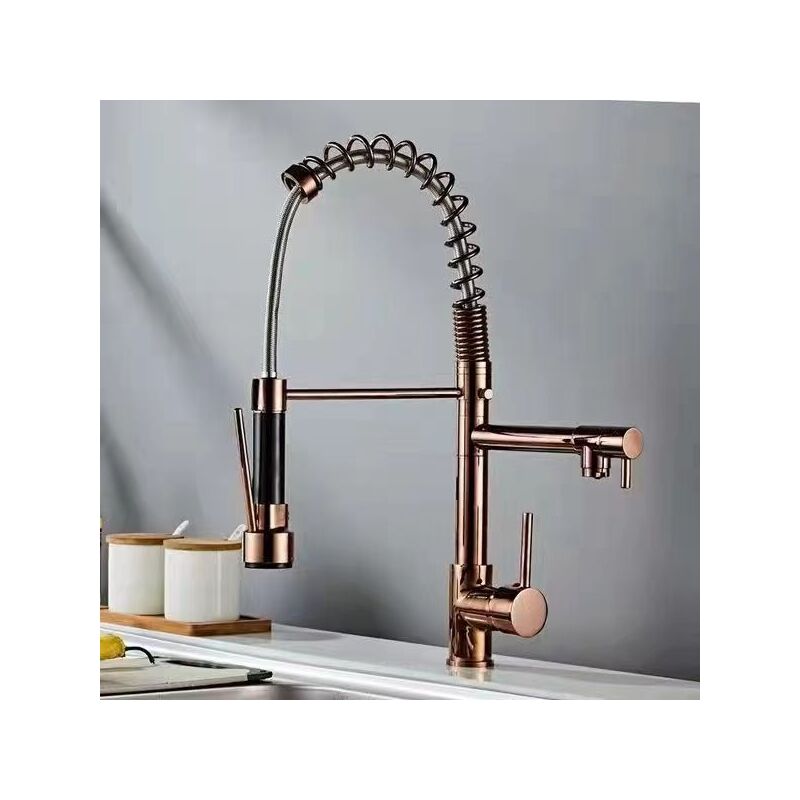 Robinet d'évier Robinet de cuisine avec douchette extractible, sans plomb en laiton or rose, poignée unique, levier unique, levier à ressort, robinet