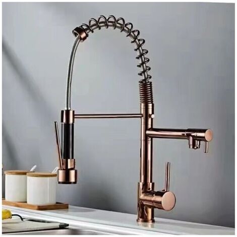 Robinet d'évier Robinet de cuisine avec douchette extractible, sans plomb en laiton or rose, poignée unique, levier unique, levier à ressort, robinet mitigeur d'évier avec 2 modes S