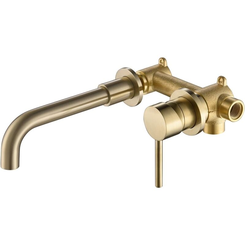 Robinet Doré de Lavabo Mural, Mitigeur Mural en Laiton Haut de Qualité, Robinet Salle de Bains Encastré, Robinet Froid et Chaud Rotation à 360°, Doré