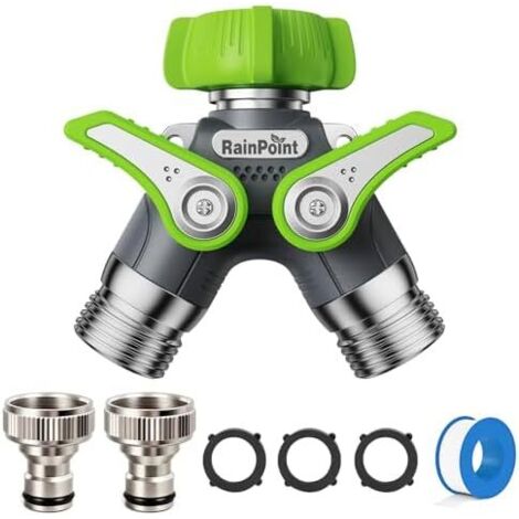 Robinet Double 3/4", Corps 100% métal Distributeur 2 Voies avec Interrupteur indépendant et Adaptateur 3/4" 1/2", débit d'eau réglable verrouillable, pour Machine à Laver, Jardins Green/2 way -