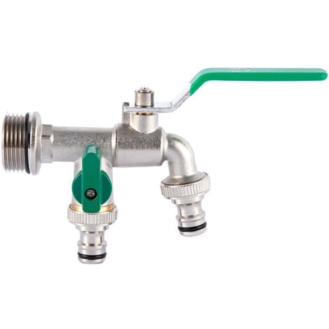 Robinet double avec sortie 1/2 pouce et 1 sortie 3/4 pouce, vanne de sortie renforcée amovible, pour l'arrosage du jardin et l'irrigation des cultures, avec poignée verte.