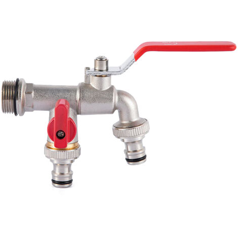 Robinet double avec sortie 1/2 pouce et 1 sortie 3/4 pouce, vanne de sortie renforcée amovible, pour l'arrosage du jardin et l'irrigation des cultures, poignée rouge.