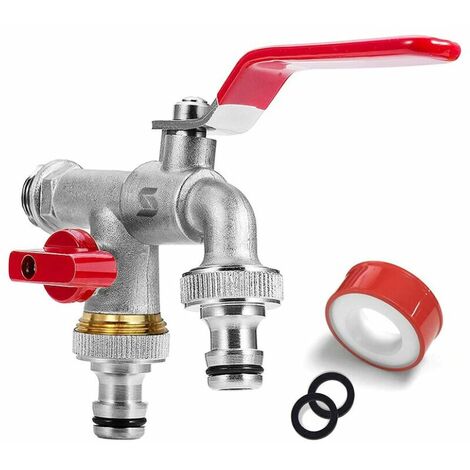 Robinet Double de Jardin ,robinet avec 2 sorties 3/4 - Entrée 1/2, 1 bande d'étanchéité à rouleau, double raccord et embout de tuyau pour jardin, citerne de pluie, machine à laver (Rouge) Cisea