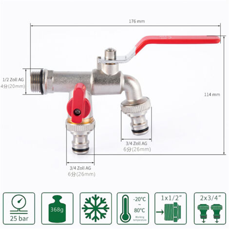 Robinet double sortie 3/4  3/4  3/4 en laiton pour cuisine, jardin, extérieur, usage domestique, pour machine à laver