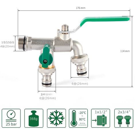 Robinet double sortie 3/4  3/4  3/4 en laiton pour cuisine, jardin, extérieur, usage domestique, pour machine à laver