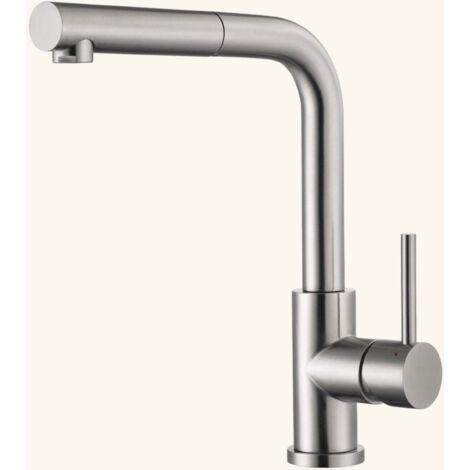 Robinet douchette inox massif LENA – Hauteur sous bec 255mm – Bec coudé mono jet 360° – Flexible de raccordement inclus – Luisina