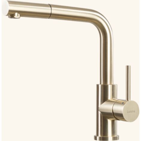 Robinet douchette inox massif PVD doré clair – Hauteur sous bec 255mm – Bec coudé 360° – Cartouche céramique pour usage intensif – Luisina