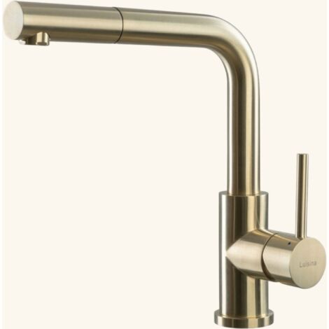 Robinet douchette inox massif PVD doré – Hauteur sous bec 255mm – Bec coudé 360° – Douchette extractible mono jet – Luisina