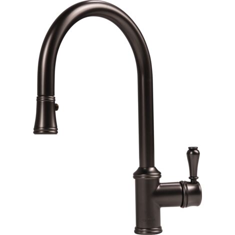 Robinet douchette vintage anthracite – Bec col de cygne – Hauteur sous bec 172 mm – Douchette extractible double jet – Débit 10 l/min – Chambord