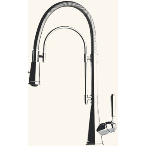 Robinet douchette vintage chromé – Hauteur sous bec 195mm – Bec col de cygne – Douchette mobile à 2 jets – Débit 6.5 l/min – Chambord