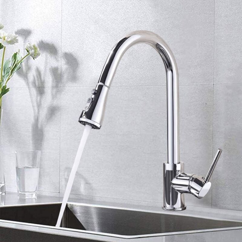 Suguword - Robinet d'évier de cuisine moderne chromé avec douchette extractible à double jet Mitigeur de cuisine orientable 360