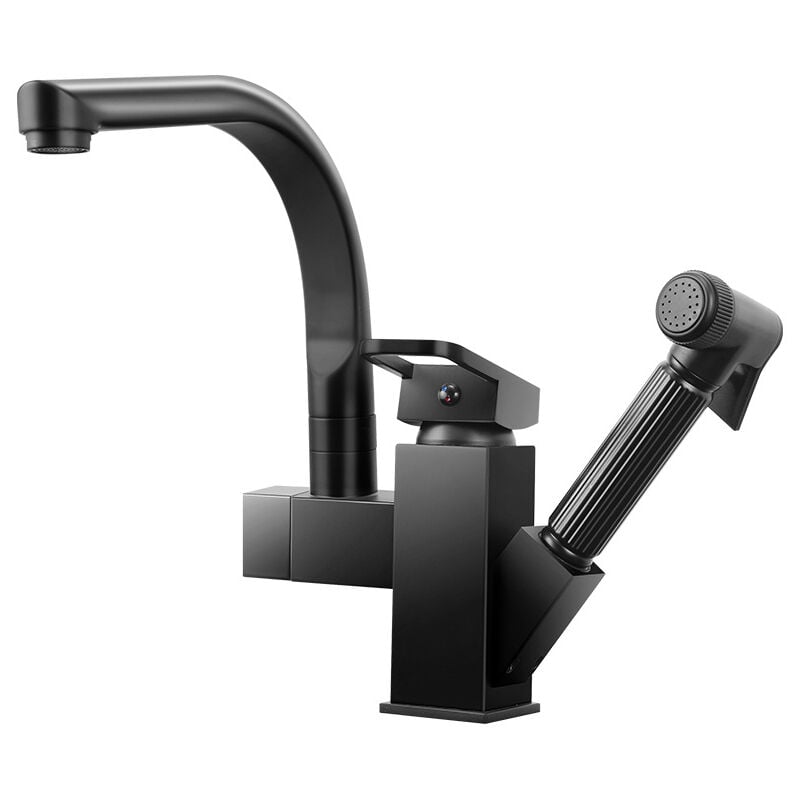 Gotrays - Robinet d'évier de cuisine Pull Out Cuivre Chaud et Froid Lave-vaisselle 360 Rotatif Évier Robinet Bassin Robinet,noir