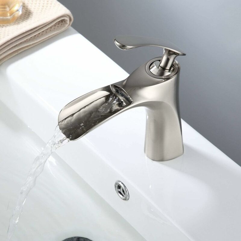 Robinet d'évier de salle de bain Bec cascade Robinet de lavabo en nickel brossé avec poignée unique