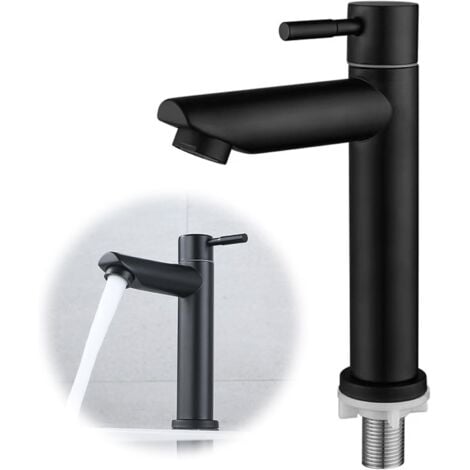 FITAGS Robinet Eau Froide pour Lave-Mains Robinet Salle de Bain Noir Robinet Lavabo en Acier Inox Robinetterie Ronde Mousseur Démontable.