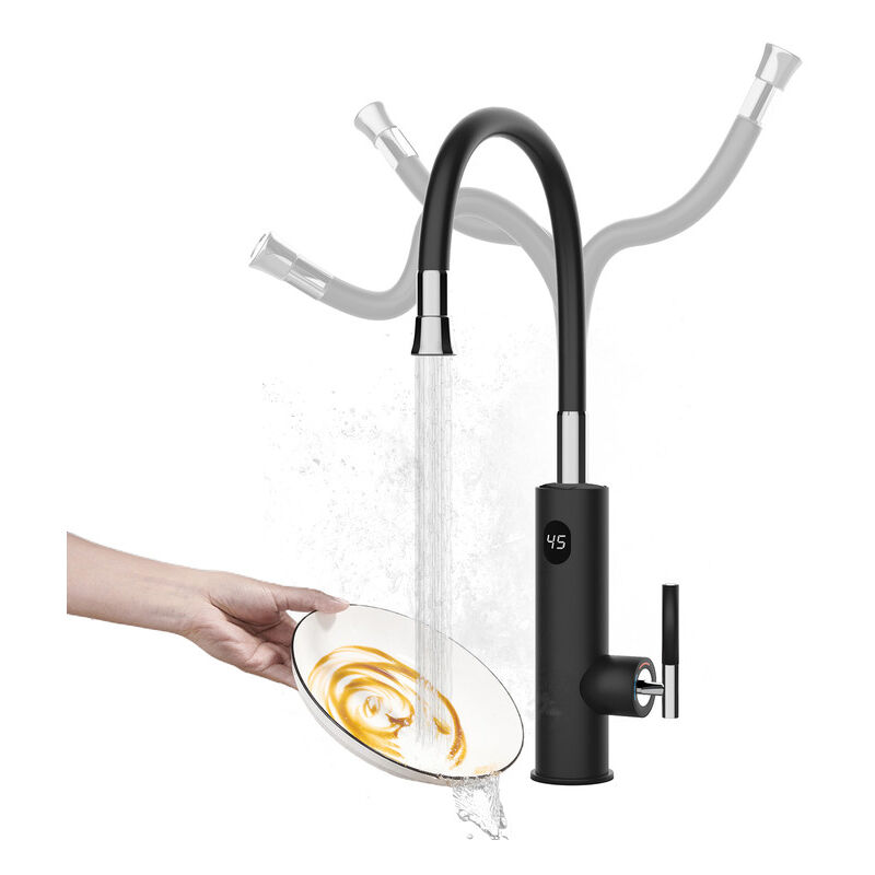 Robinet Électrique Сhauffe-Eau Instantané 3200W, Rotatif à 360° Robinet Evier de Cuisine en Acier Inoxydable avec Affichage de la Température led et