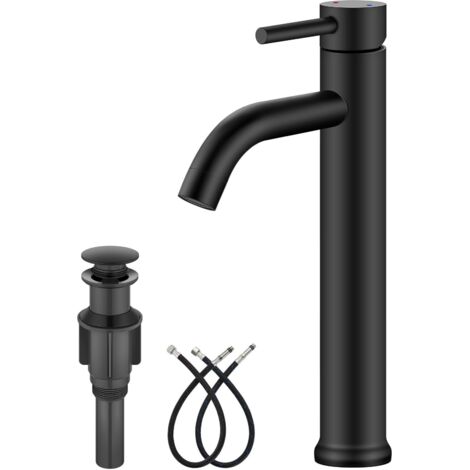 Robinet en acier inoxydable mat à col de cygne : design cylindrique, monotrou et monocommande  inclut une bonde à clapet et assure le mélange de l'eau chaude et froide.