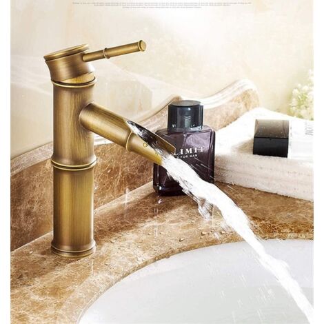 Robinet en forme de bambou, mitigeur de lavabo cascade, monotrou eau chaude et froide, antique (hauteur : 208 mm)