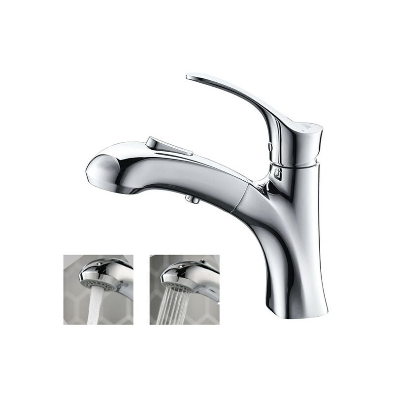 Robinet Salle de Bain avec Douchette Extractible Mitigeur de Lavabo avec 2 Jets Bouton Stop Mitigeur Salle de Bain en Laiton Chrome - grey