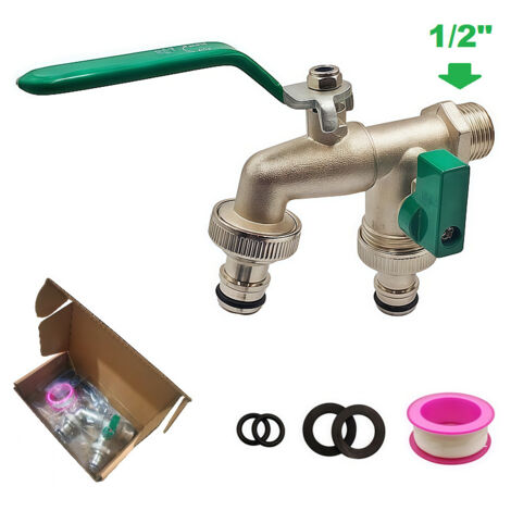Robinet extérieur 1/2", double sortie 3/4, arrosage sphère, laiton qualité, jardin, machine à laver, baril de pluie