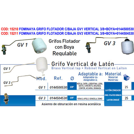 ROBINET FLOTTEUR FOMINAYA AVEC BAS GV3 VERTICAL 3/8 AVEC BOUÉE