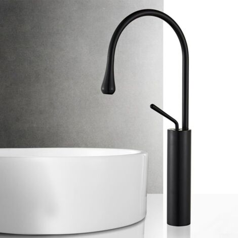 Robinet Goutte D'Eau, Robinet De Lavabo De Salle De Bain, Robinet MéLangeur De Lavabo Moderne à Comptoir Haut, Robinet MéLangeur De Salle De Bain Monopolaire IntéGré à Buse Rotative à 360°, Noir