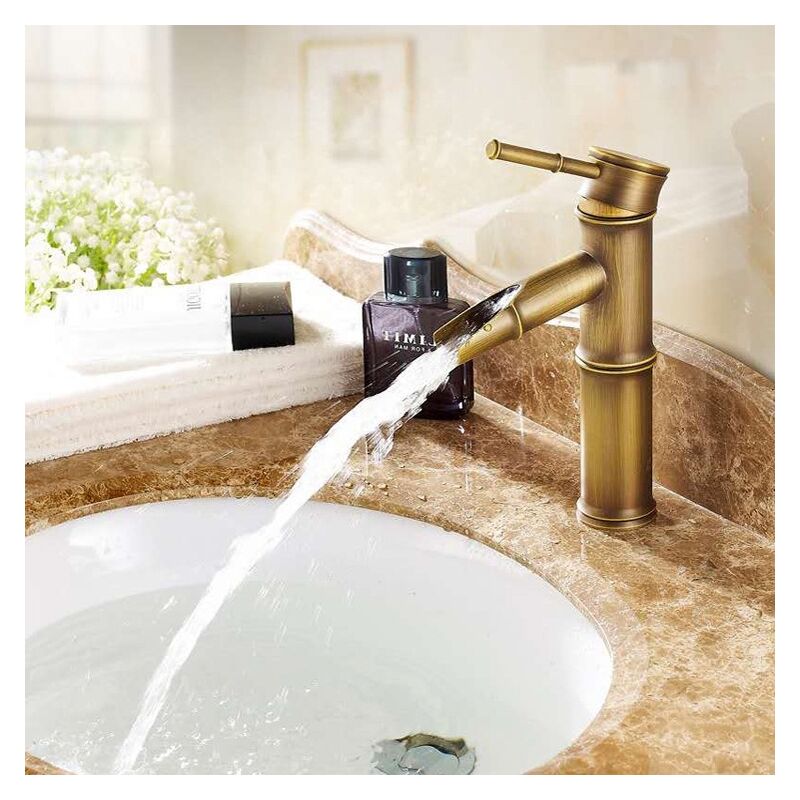 Vuszr - Robinet haut en bambou, mitigeur de lavabo pour eau chaude et froide, robinet, 3 branchements (style bas antique + tuyau d'entrée)