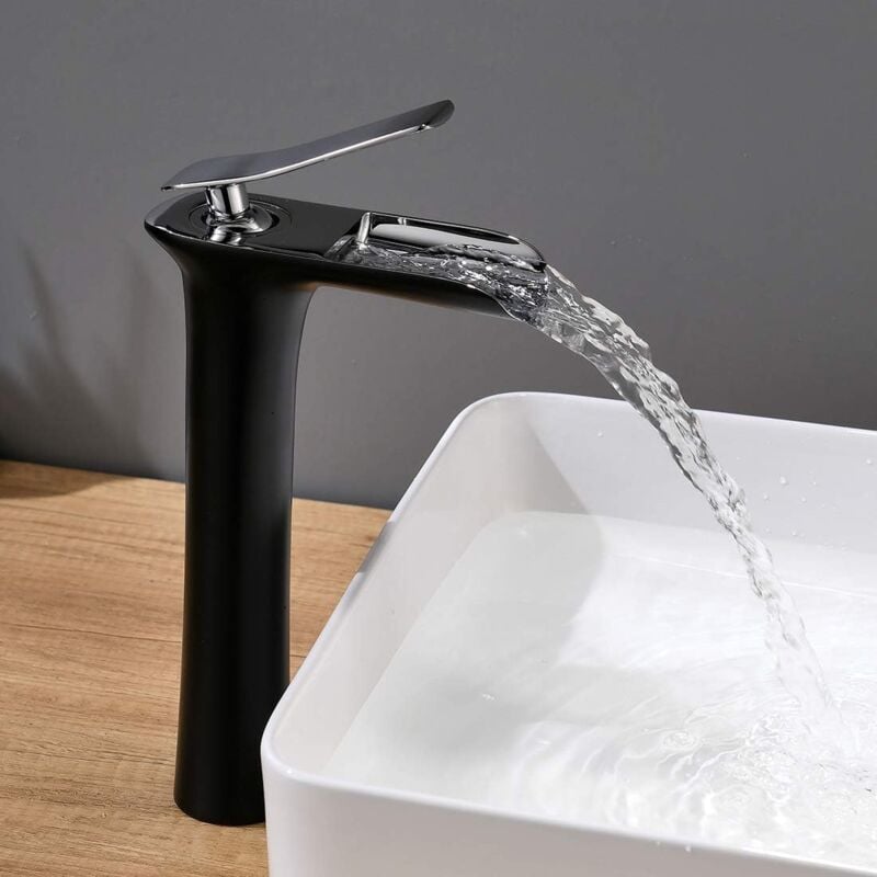 Robinet Lavabo Robinet Salle de Bain Cascade Mitigeur avec Raccordement Eau Froide Chaud - Noir Argenté